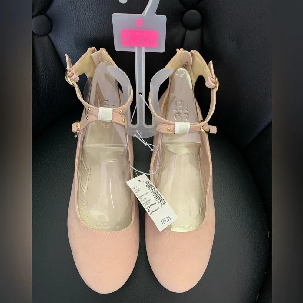 Girls Studded Ankle Strap Ballet Flats - Blush-Sz-6